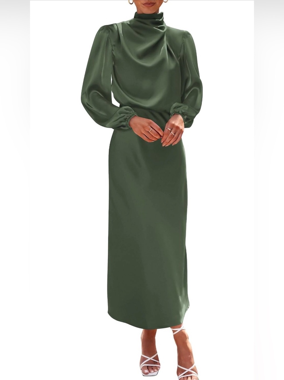 Draped High-Neck Long Sleeve Maxi Dress in Olive Green